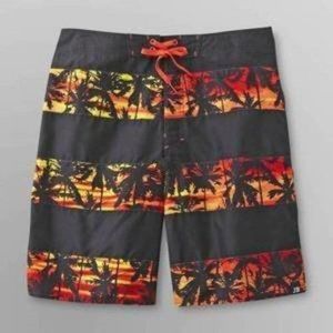Mens Board Shorts 30 Joe Boxer Red Black Palm Tree Swim Trunks Lightweight 10"
